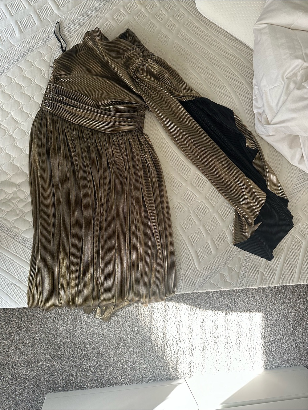 Bronx and Banco Gold One-Shoulder Pleated Fringe Dress